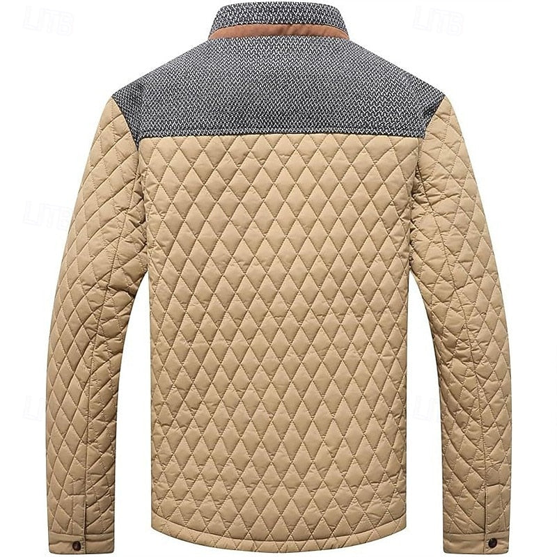 Quilted Jacket Men's Stand Collar Khaki Diamond-Padded – Casual, Office, Autumn Layering, Gift