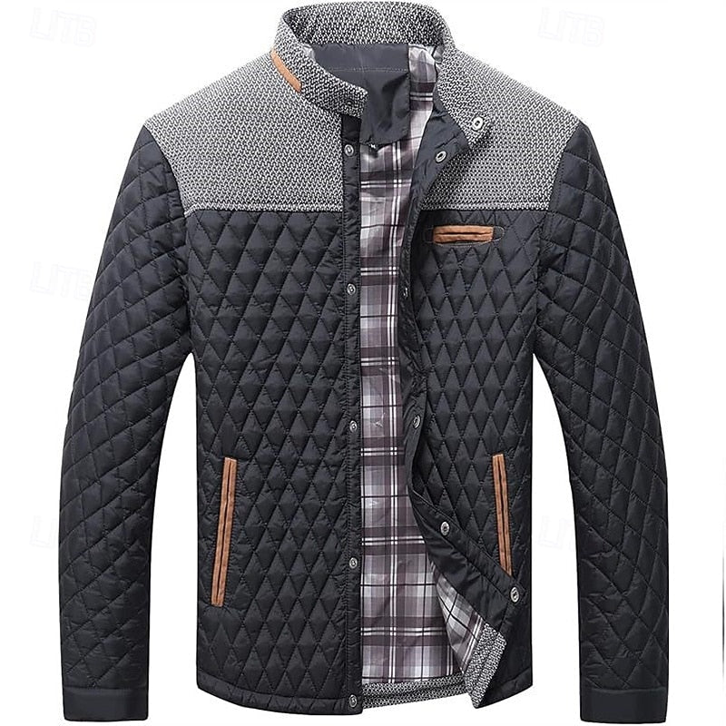 Quilted Jacket Men's Stand Collar Khaki Diamond-Padded – Casual, Office, Autumn Layering, Gift