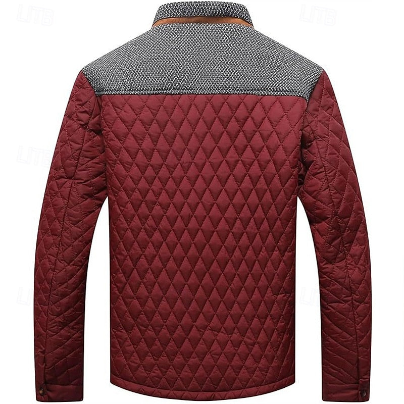 Quilted Jacket Men's Stand Collar Khaki Diamond-Padded – Casual, Office, Autumn Layering, Gift