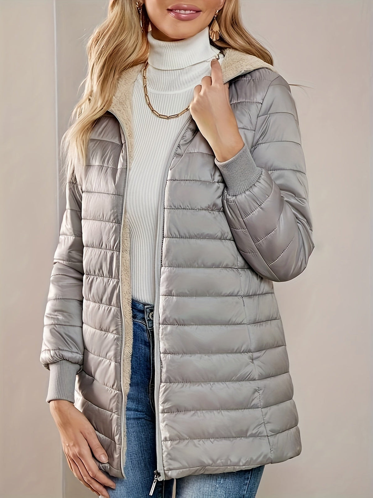 Quilted Puffer Coat Fleece-Lined Longline Black Women's – Casual, Winter, Holiday, Gift