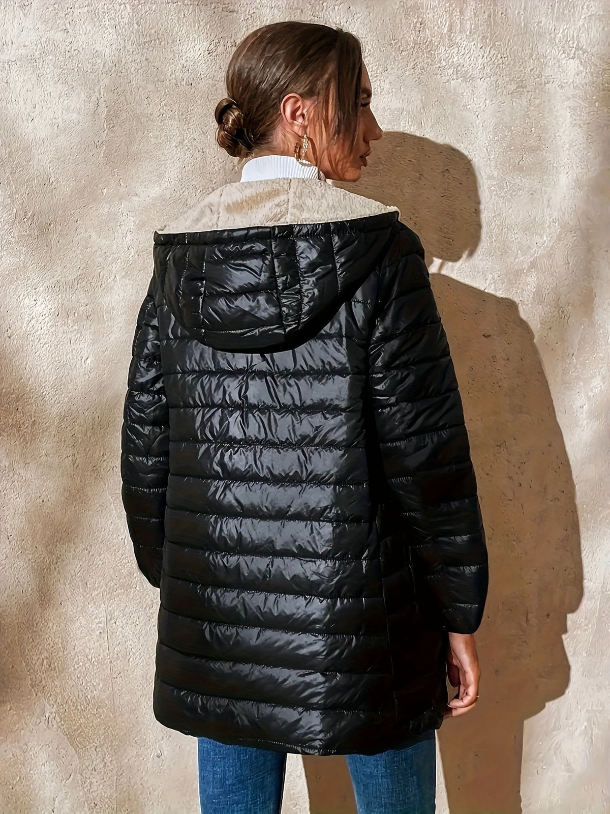 Quilted Puffer Coat Fleece-Lined Longline Black Women's – Casual, Winter, Holiday, Gift