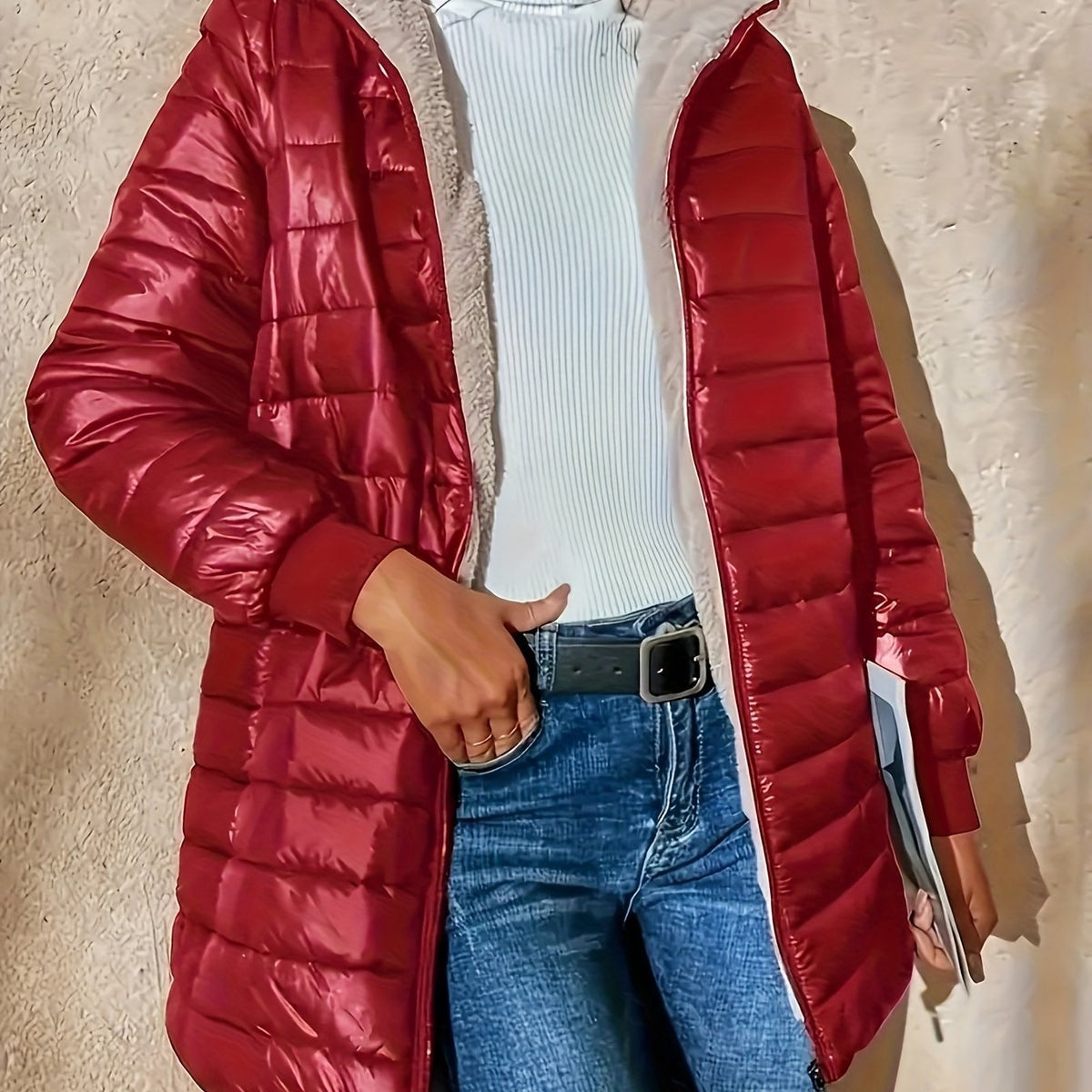 Quilted Puffer Coat Fleece-Lined Longline Black Women's – Casual, Winter, Holiday, Gift