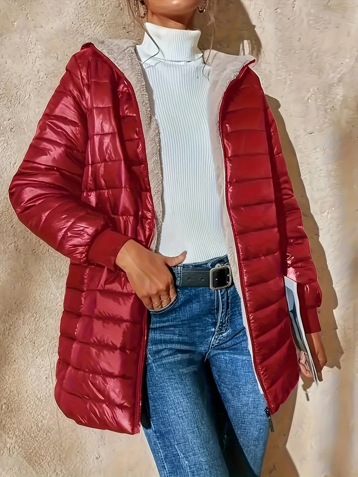 Quilted Puffer Coat Fleece-Lined Longline Black Women's – Casual, Winter, Holiday, Gift