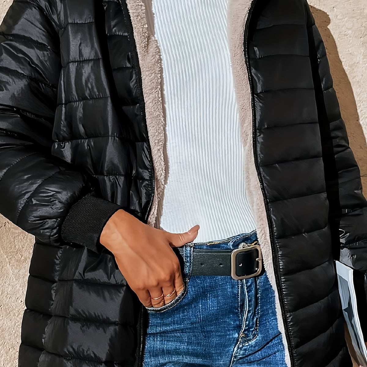 Quilted Puffer Coat Fleece-Lined Longline Black Women's – Casual, Winter, Holiday, Gift