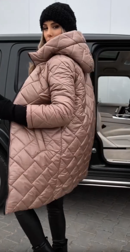 Quilted Puffer Coat Longline Hooded Women's Pink – Casual, Office, Holiday, Winter Gift