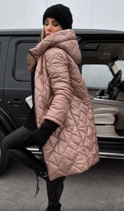 Quilted Puffer Coat Longline Hooded Women's Pink – Casual, Office, Holiday, Winter Gift