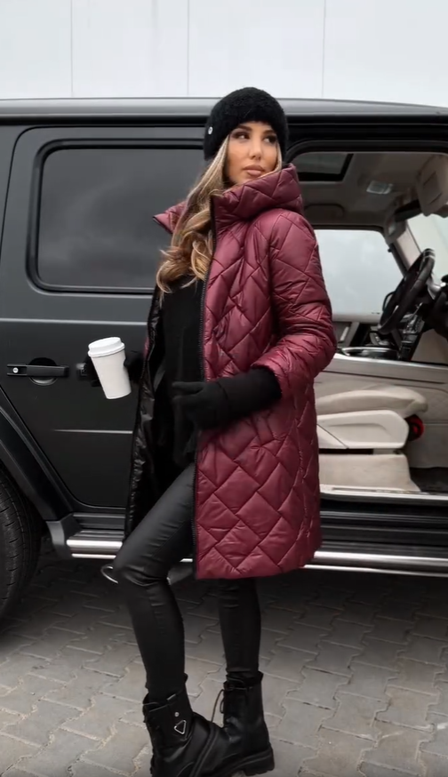 Quilted Puffer Coat Longline Hooded Women's Pink – Casual, Office, Holiday, Winter Gift