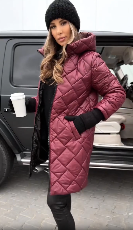 Quilted Puffer Coat Longline Hooded Women's Pink – Casual, Office, Holiday, Winter Gift