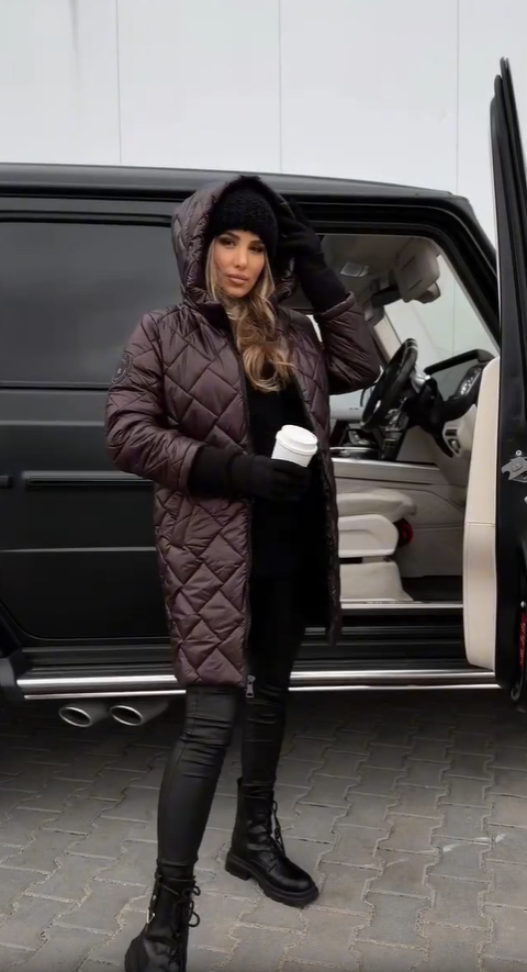 Quilted Puffer Coat Longline Hooded Women's Pink – Casual, Office, Holiday, Winter Gift