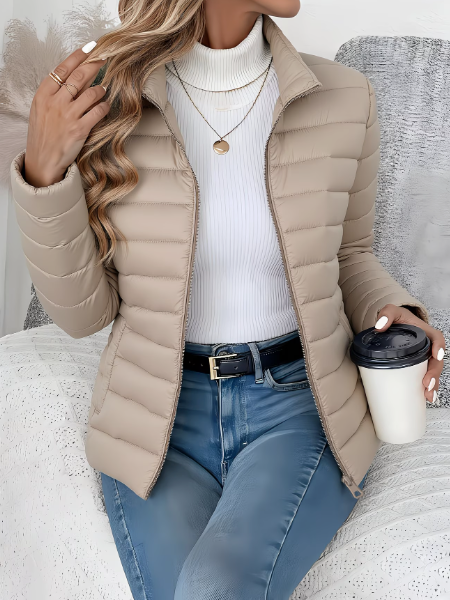 Quilted Puffer Jacket Women's Lightweight Stand Collar Zip-Up – Casual, Spring Outerwear