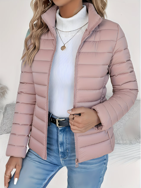 Quilted Puffer Jacket Women's Lightweight Stand Collar Zip-Up – Casual, Spring Outerwear