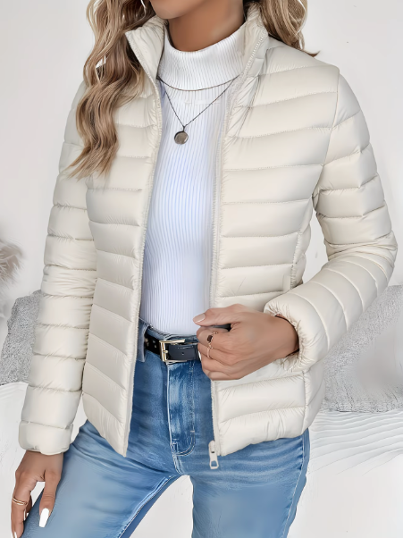 Quilted Puffer Jacket Women's Lightweight Stand Collar Zip-Up – Casual, Spring Outerwear