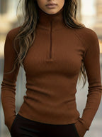 Ribbed Half-Zip Top Black Long Sleeve High-Neck Women's – Casual, Office · Werune