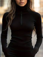 Ribbed Half-Zip Top Black Long Sleeve High-Neck Women's – Casual, Office · Werune