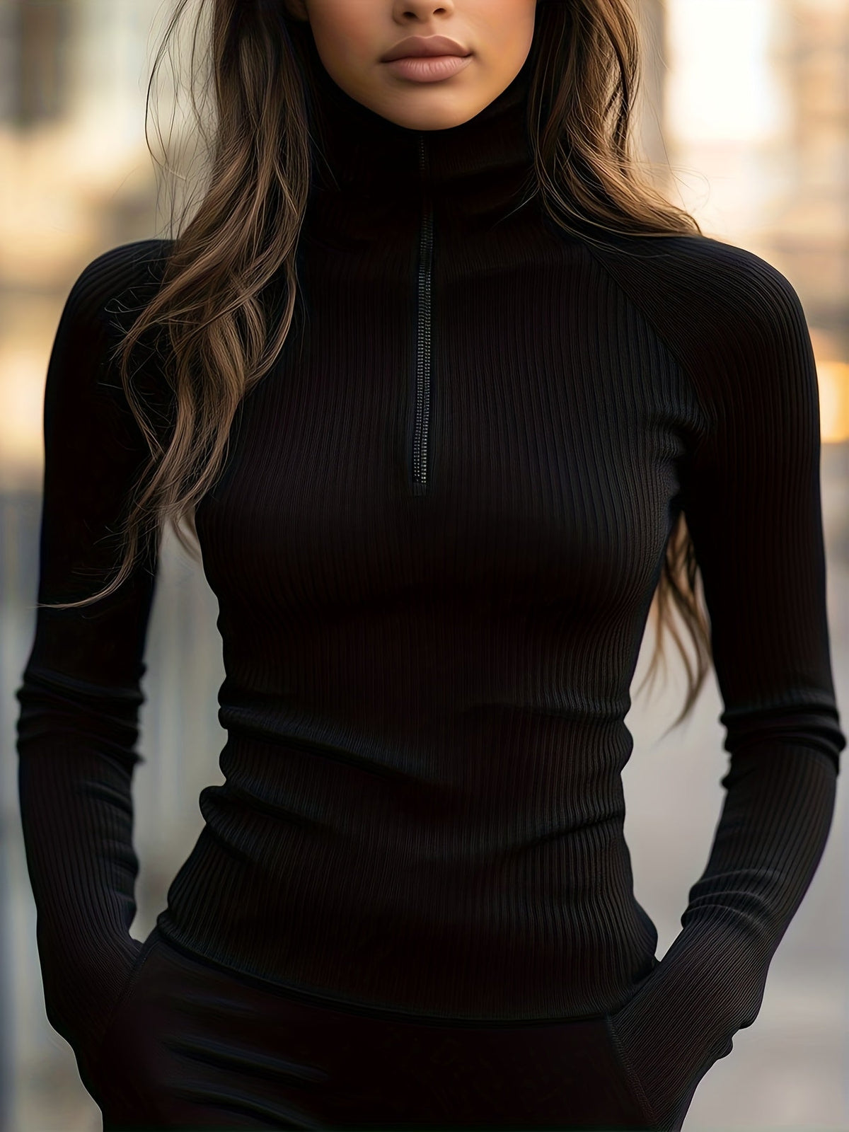 Ribbed Half-Zip Top Black Long Sleeve High-Neck Women's – Casual, Office · Werune