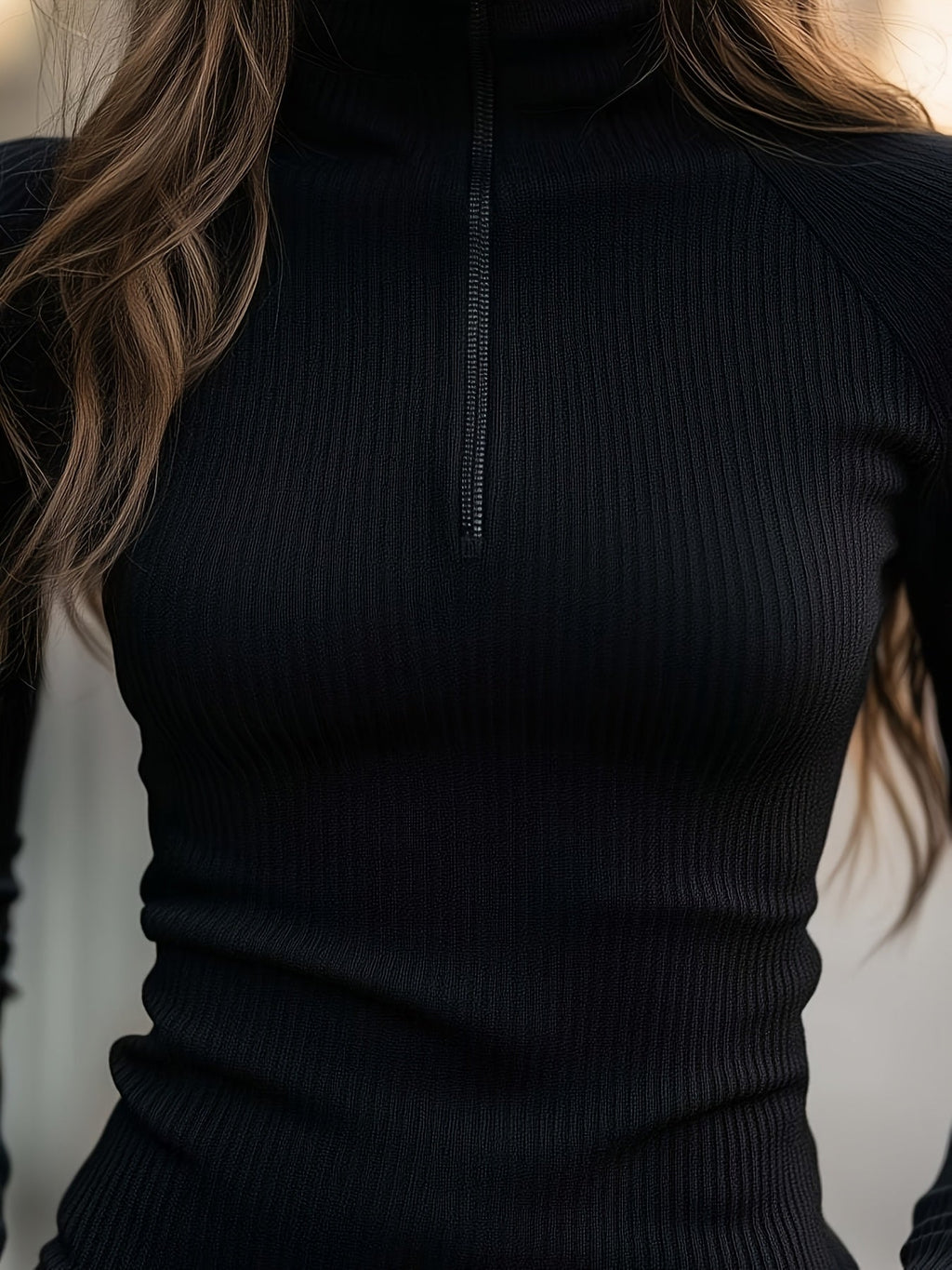 Ribbed Half-Zip Top Black Long Sleeve High-Neck Women's – Casual, Office · Werune