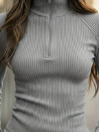 Ribbed Half-Zip Top Black Long Sleeve High-Neck Women's – Casual, Office · Werune