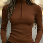 Ribbed Half-Zip Top Black Long Sleeve High-Neck Women's – Casual, Office · Werune