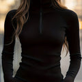 Ribbed Half-Zip Top Black Long Sleeve High-Neck Women's – Casual, Office · Werune