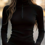 Ribbed Half-Zip Top Black Long Sleeve High-Neck Women's – Casual, Office · Werune