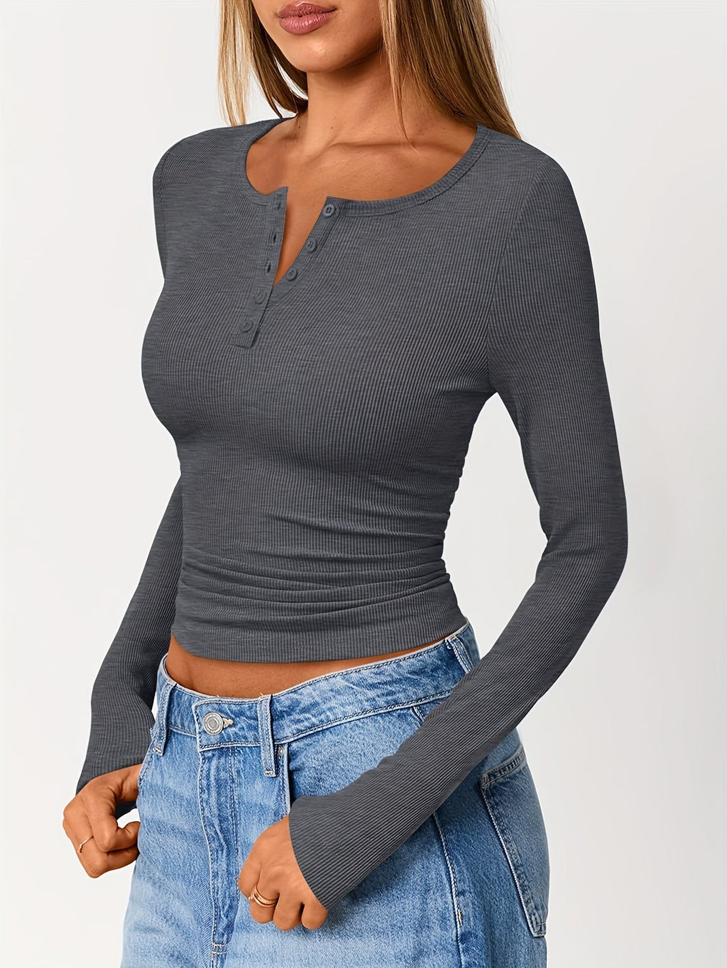 Ribbed Henley Top Black Long Sleeve Women's Fitted Button V-Neck – Casual, Office, Everyday