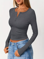 Ribbed Henley Top Black Long Sleeve Women's Fitted Button V-Neck – Casual, Office, Everyday