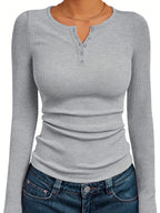 Ribbed Henley Top Black Long Sleeve Women's Fitted Button V-Neck – Casual, Office, Everyday
