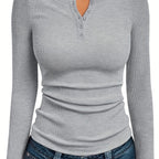 Ribbed Henley Top Black Long Sleeve Women's Fitted Button V-Neck – Casual, Office, Everyday
