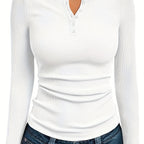 Ribbed Henley Top Black Long Sleeve Women's Fitted Button V-Neck – Casual, Office, Everyday