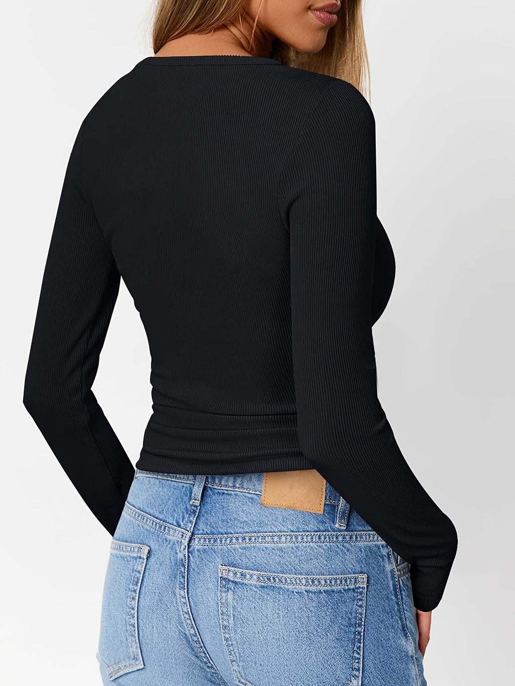 Ribbed Henley Top Black Long Sleeve Women's Fitted Button V-Neck – Casual, Office, Everyday