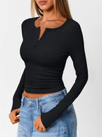 Ribbed Henley Top Black Long Sleeve Women's Fitted Button V-Neck – Casual, Office, Everyday