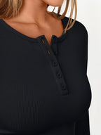 Ribbed Henley Top Black Long Sleeve Women's Fitted Button V-Neck – Casual, Office, Everyday