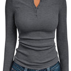 Ribbed Henley Top Black Long Sleeve Women's Fitted Button V-Neck – Casual, Office, Everyday