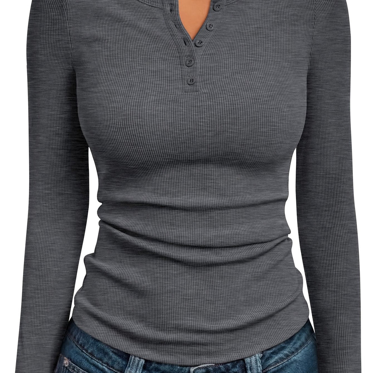 Ribbed Henley Top Black Long Sleeve Women's Fitted Button V-Neck – Casual, Office, Everyday
