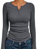 Ribbed Henley Top Black Long Sleeve Women's Fitted Button V-Neck – Casual, Office, Everyday