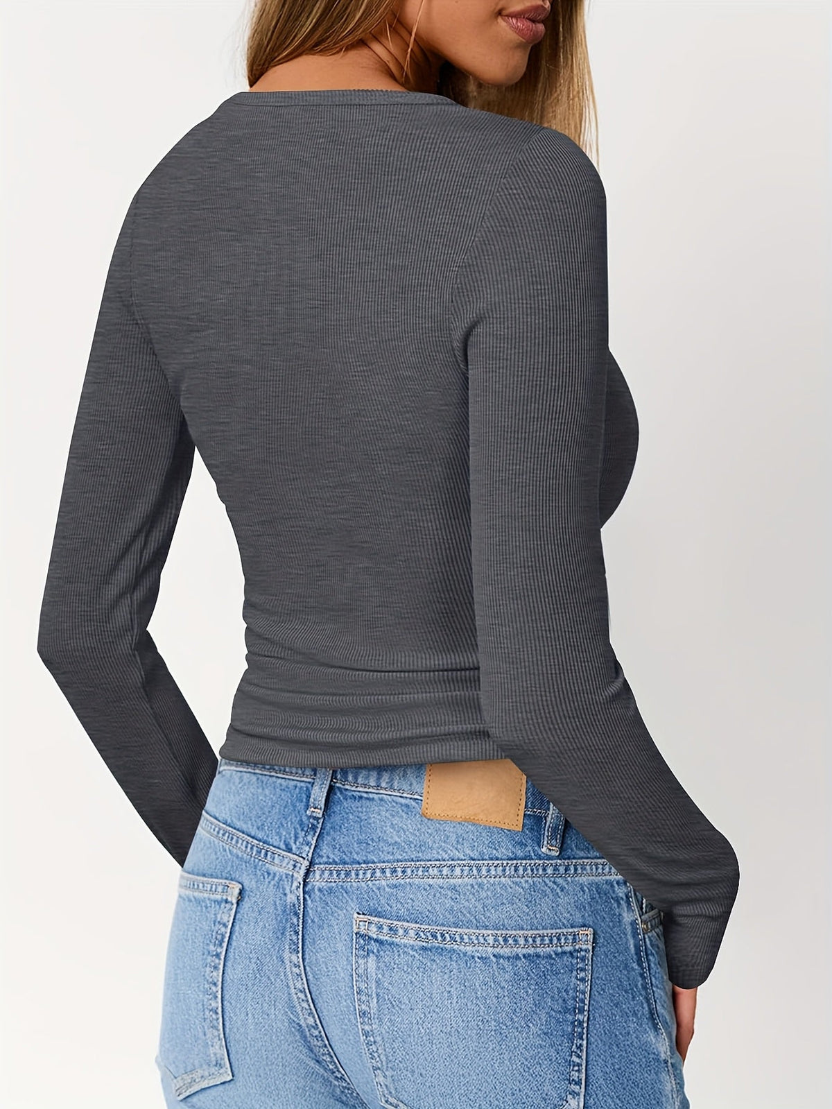 Ribbed Henley Top Black Long Sleeve Women's Fitted Button V-Neck – Casual, Office, Everyday