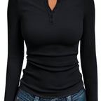Ribbed Henley Top Black Long Sleeve Women's Fitted Button V-Neck – Casual, Office, Everyday