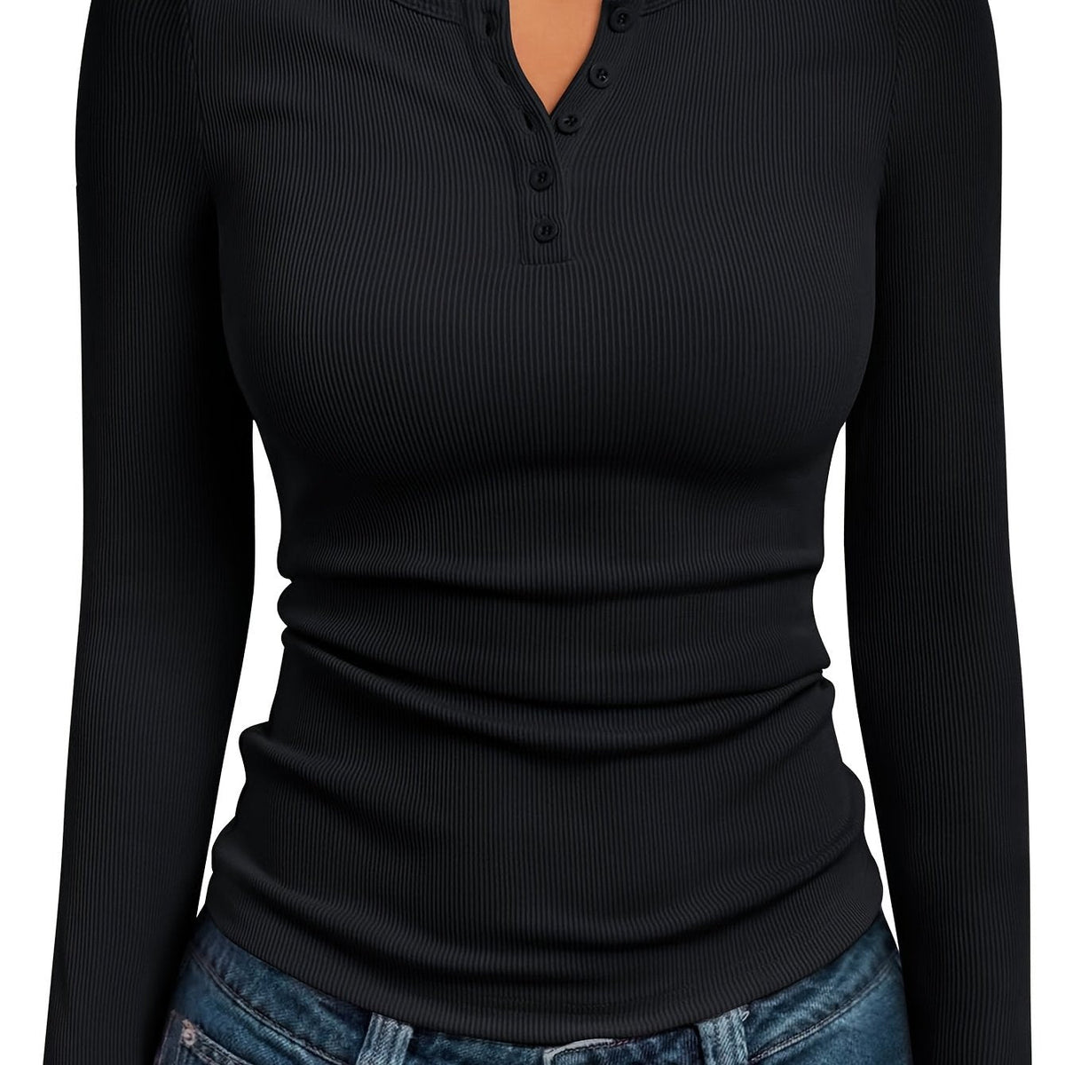 Ribbed Henley Top Black Long Sleeve Women's Fitted Button V-Neck – Casual, Office, Everyday