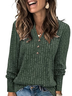 Ribbed Henley Top Green Button V-Neck Women's Long Sleeve – Casual, Office, Everyday, Gift