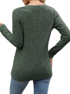 Ribbed Henley Top Green Button V-Neck Women's Long Sleeve – Casual, Office, Everyday, Gift
