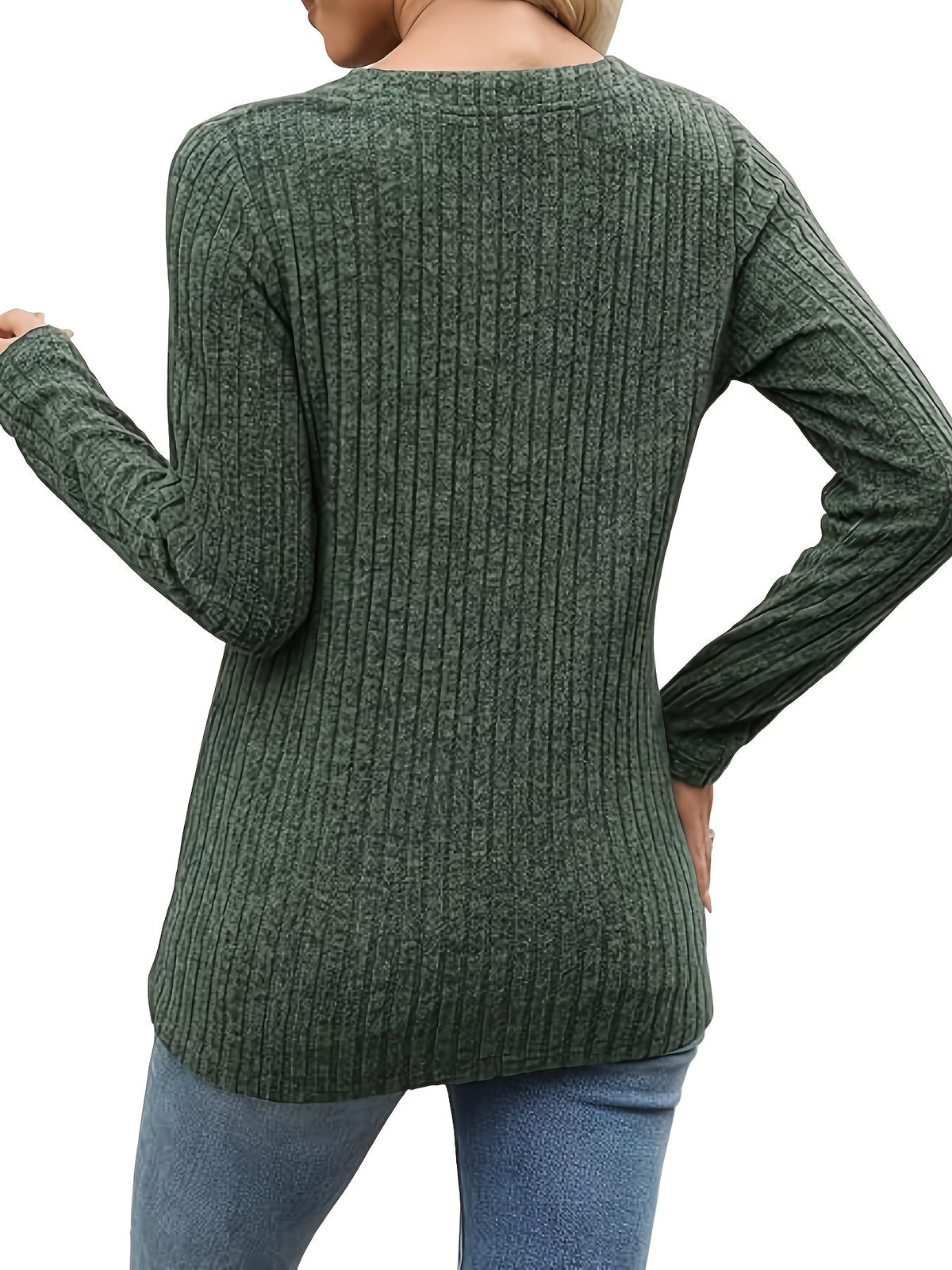 Ribbed Henley Top Green Button V-Neck Women's Long Sleeve – Casual, Office, Everyday, Gift