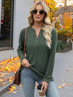Ribbed Henley Top Green Button V-Neck Women's Long Sleeve – Casual, Office, Everyday, Gift
