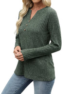 Ribbed Henley Top Green Button V-Neck Women's Long Sleeve – Casual, Office, Everyday, Gift