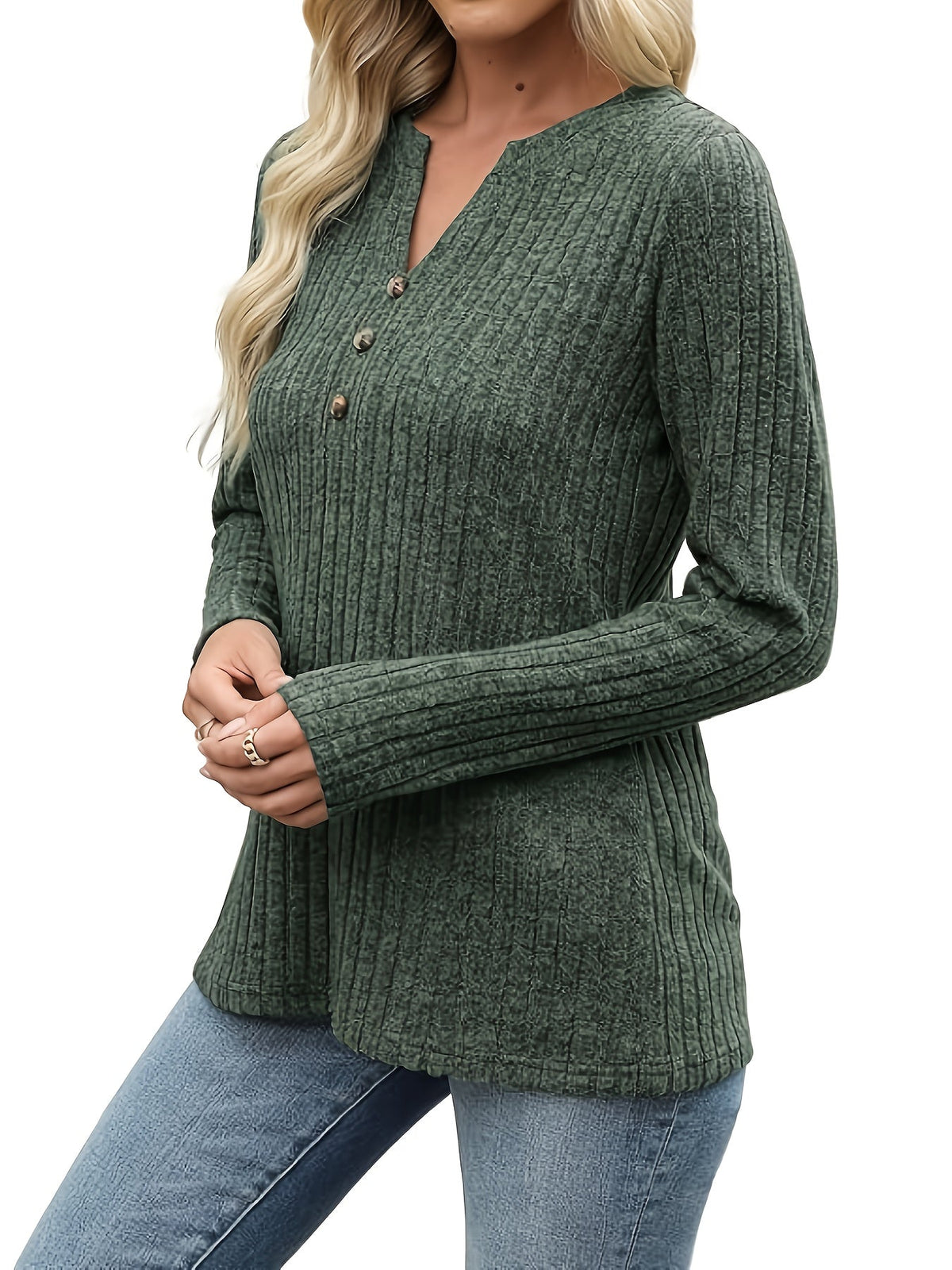 Ribbed Henley Top Green Button V-Neck Women's Long Sleeve – Casual, Office, Everyday, Gift