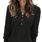 Ribbed Henley Top Green Button V-Neck Women's Long Sleeve – Casual, Office, Everyday, Gift