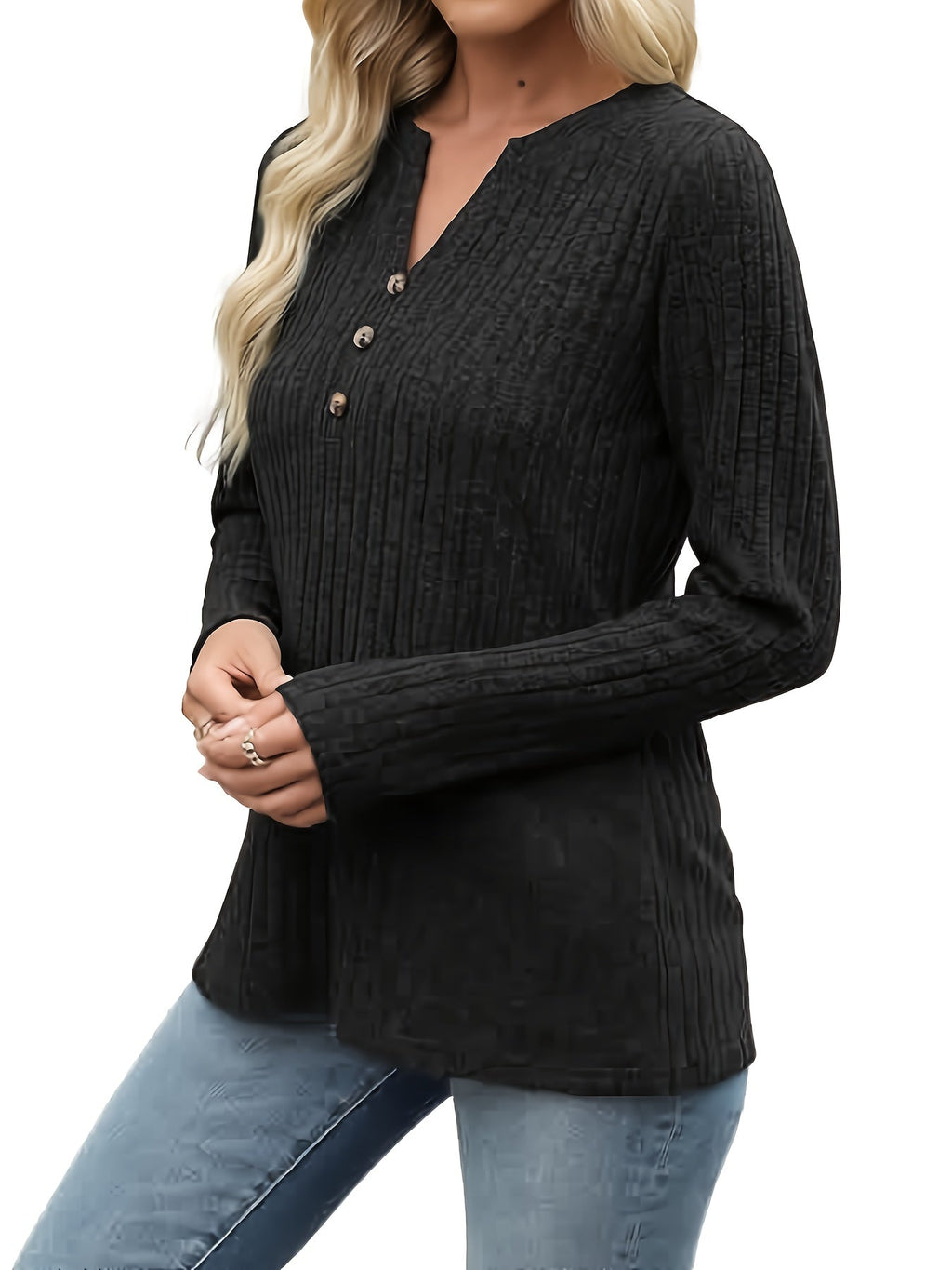 Ribbed Henley Top Green Button V-Neck Women's Long Sleeve – Casual, Office, Everyday, Gift