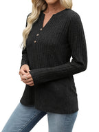 Ribbed Henley Top Green Button V-Neck Women's Long Sleeve – Casual, Office, Everyday, Gift
