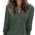 Ribbed Henley Top Green Button V-Neck Women's Long Sleeve – Casual, Office, Everyday, Gift