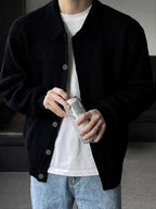 Ribbed Knit Cardigan Black Men's Collared Button-Up – Casual, Office, Layering, Gift