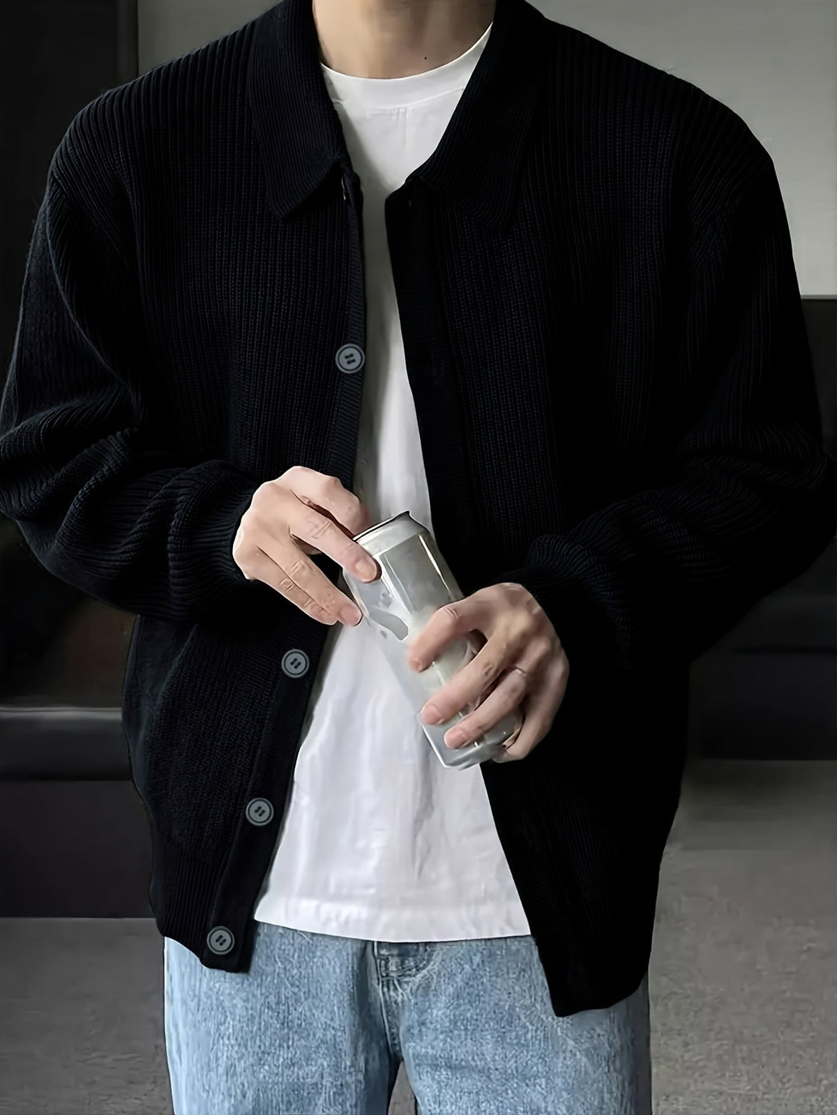 Ribbed Knit Cardigan Black Men's Collared Button-Up – Casual, Office, Layering, Gift